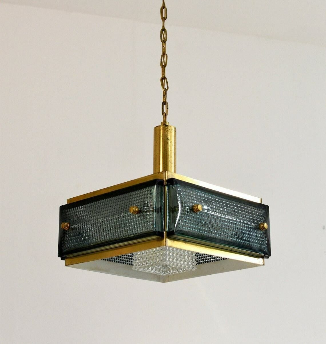 Mid Century Malmö Metallvarufabrik Hanglamp Messing En Glas | Vintage Geperst Glas Orrefors Fagerlund Scandinavisch Modernistisch photo for sale