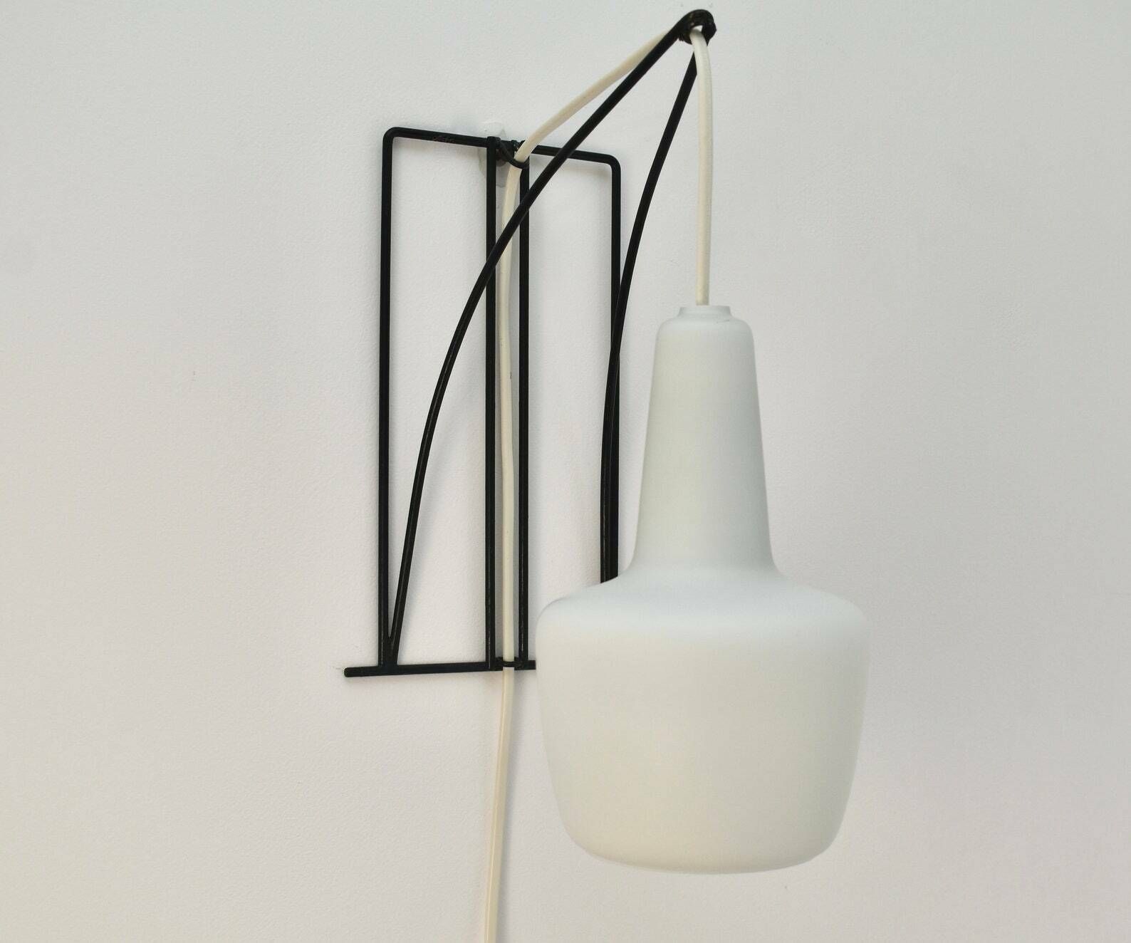 Modernist Wall Sconce Wire Metal Glass | Vintage Mid Century Modern Lamp Light Satined Milk Glass Black | Philips Louis Kalff Dutch Design photo furniture