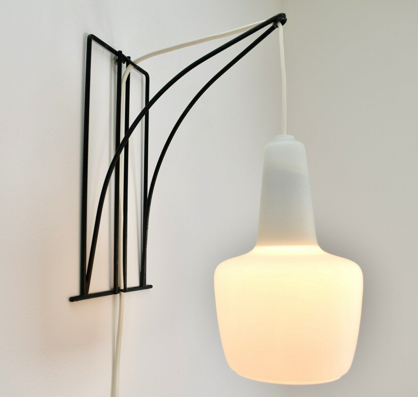 Modernist Wall Sconce Wire Metal Glass | Vintage Mid Century Modern Lamp Light Satined Milk Glass Black | Philips Louis Kalff Dutch Design photo vintage