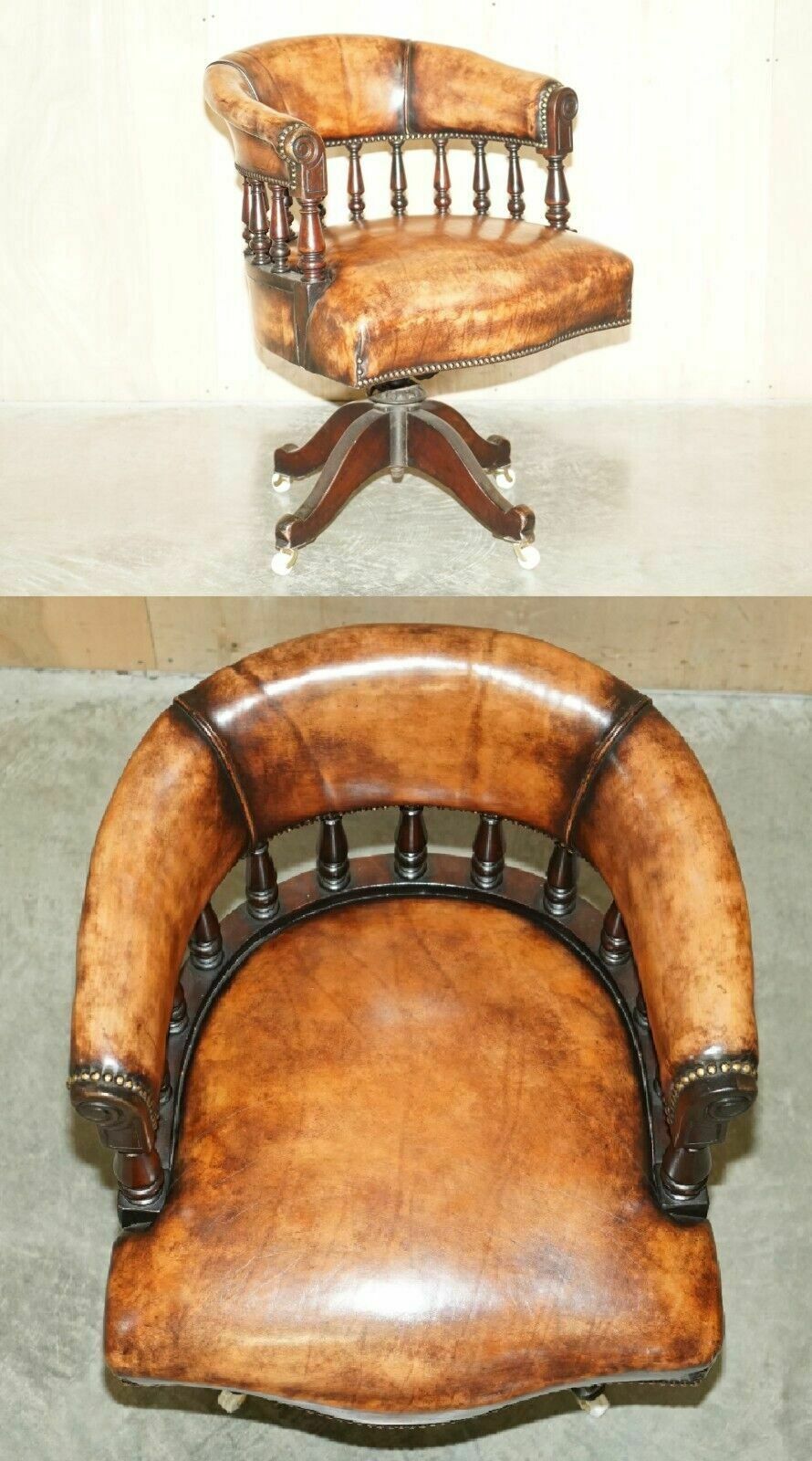 Restored Brown Leather William IV 1830 Mahogany Chesterfield Captains Armchair