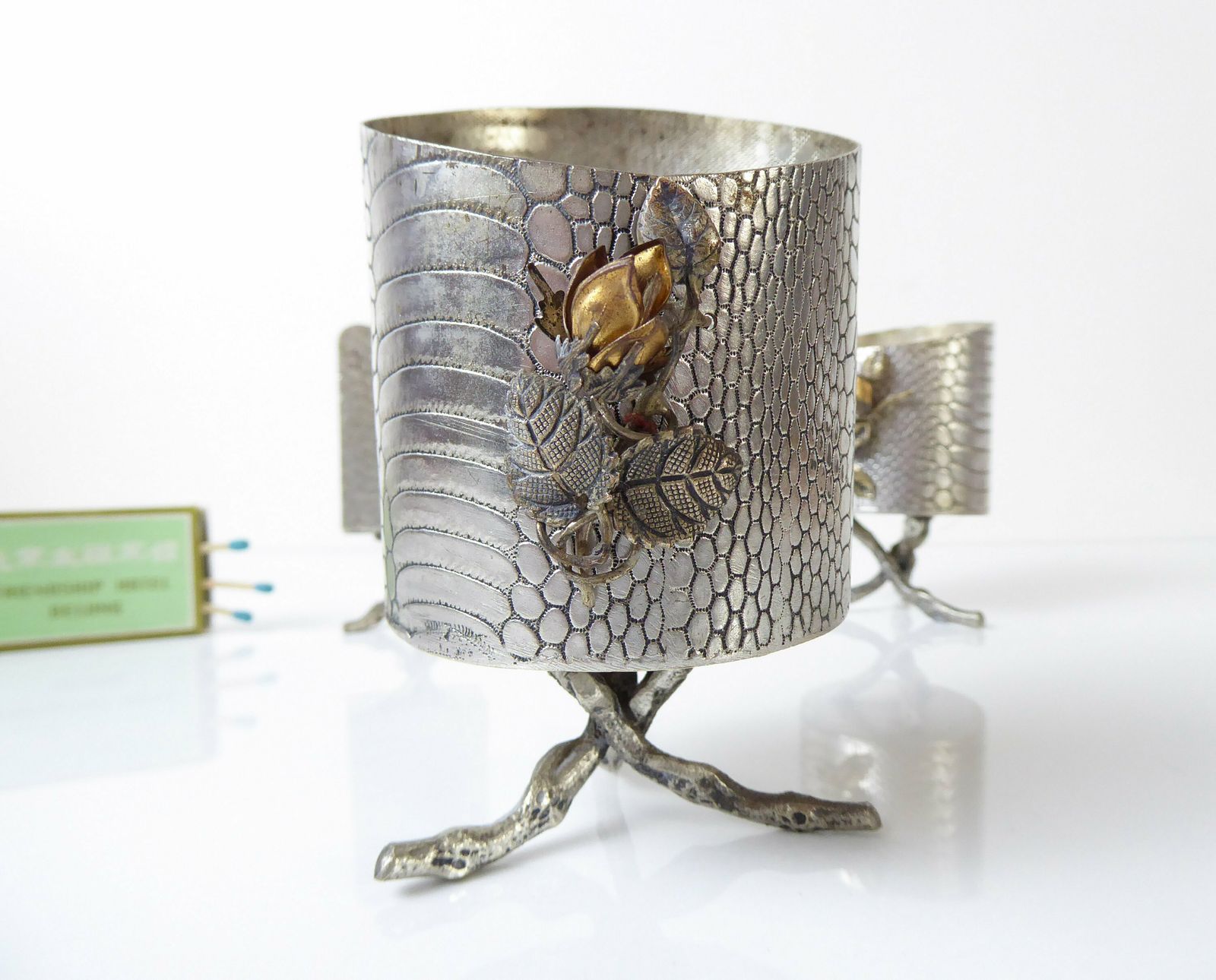 French Art Nouveau Mantlepiece Set | Match Holder And Candle Holders | Faux Bois And Snakeskin photo for sale