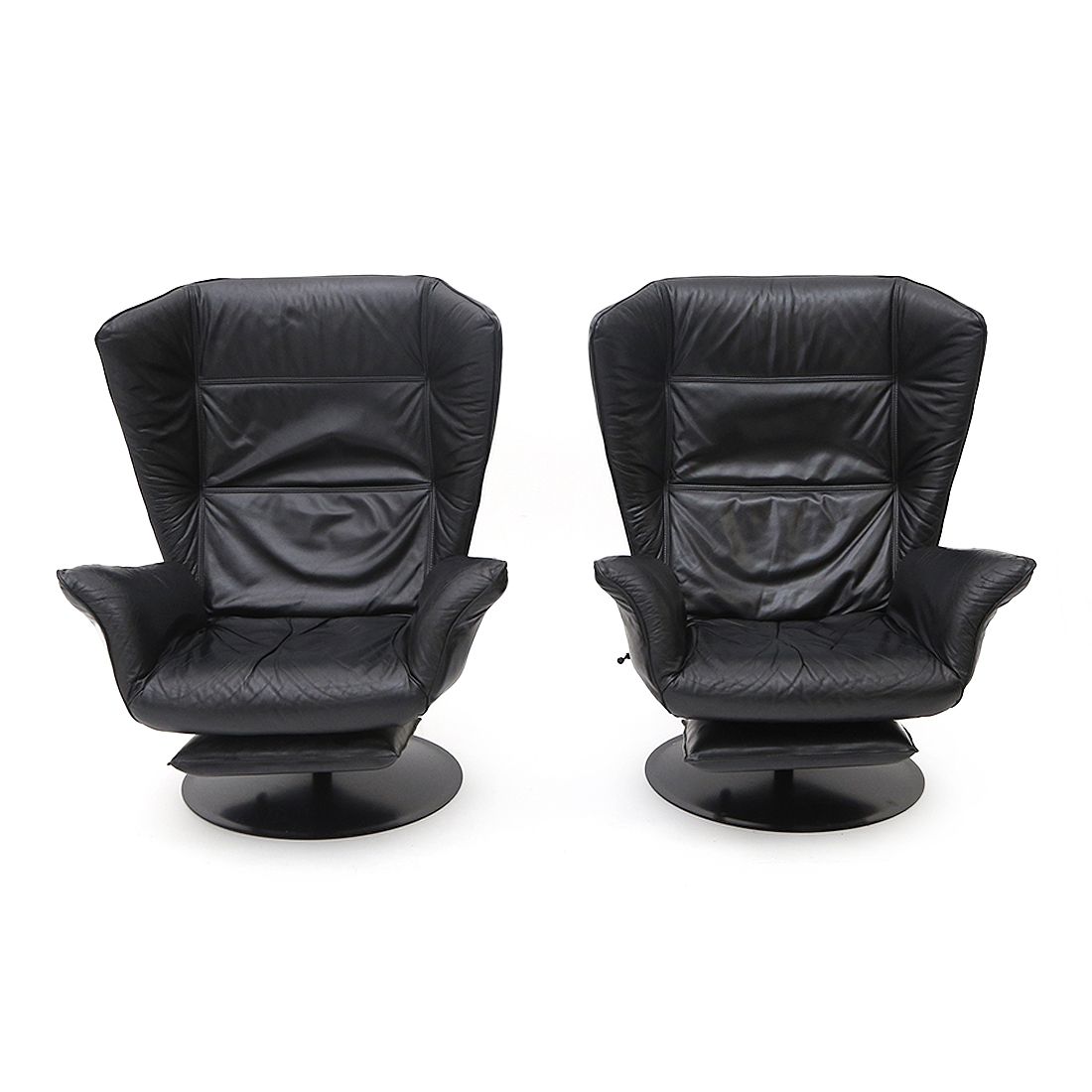 photo vintage Pair Of Reclining Black Leather Armchairs, 1970s