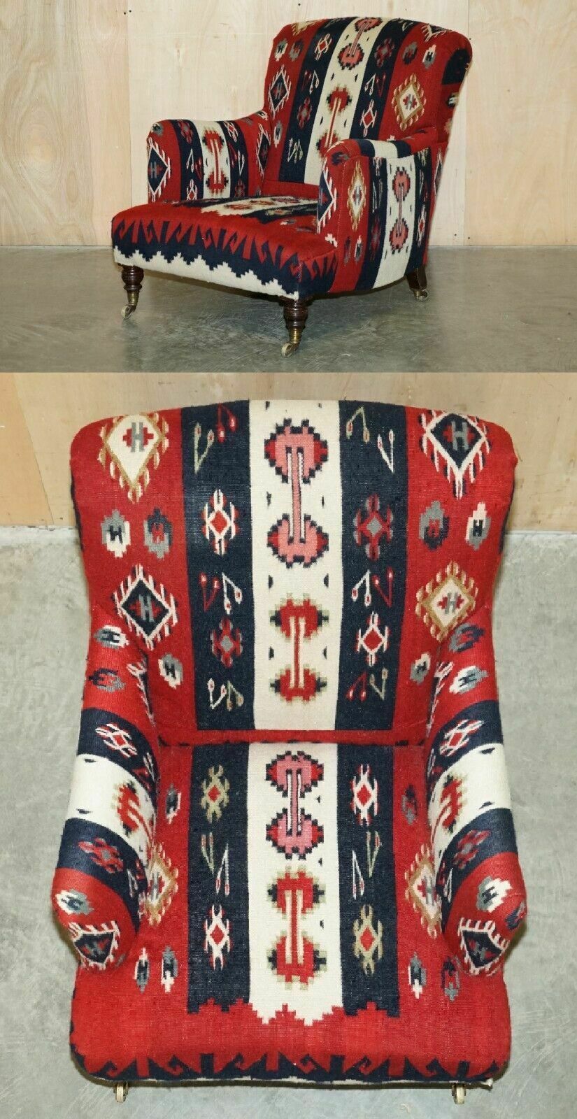Rare Original Victorian Howard & Sons Bridgewater Armchair With Kilim Upholstery