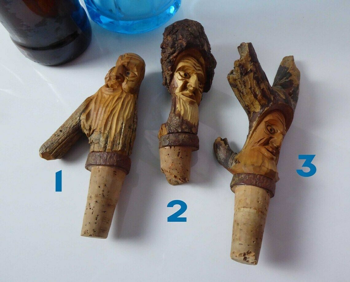Vintage Carved Wooden Bottle Stopper | Novelty Character Bottle Stoppers photo for sale