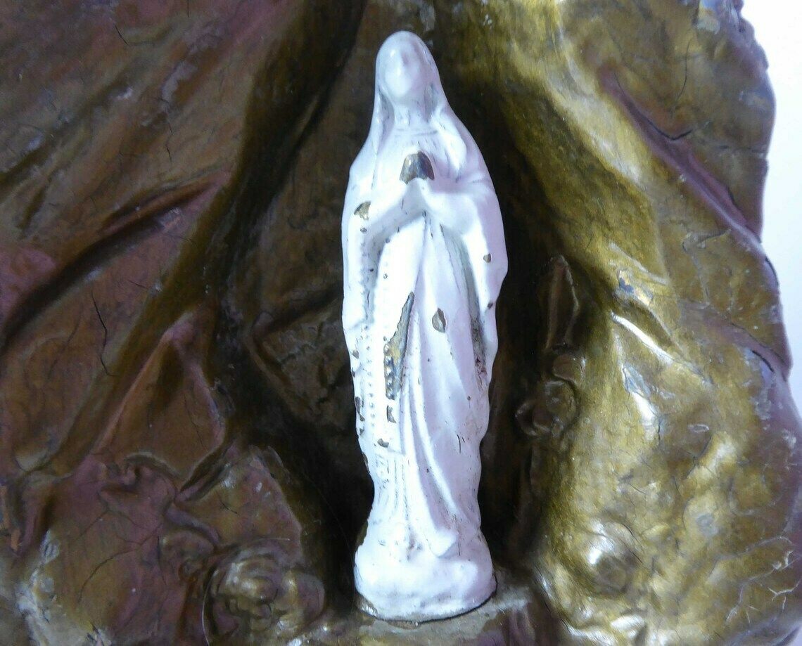 The Miracle Of Lourdes | Antique Pewter Religious Sculpture With Clock | Souvenir Of Lourdes photo vinterior