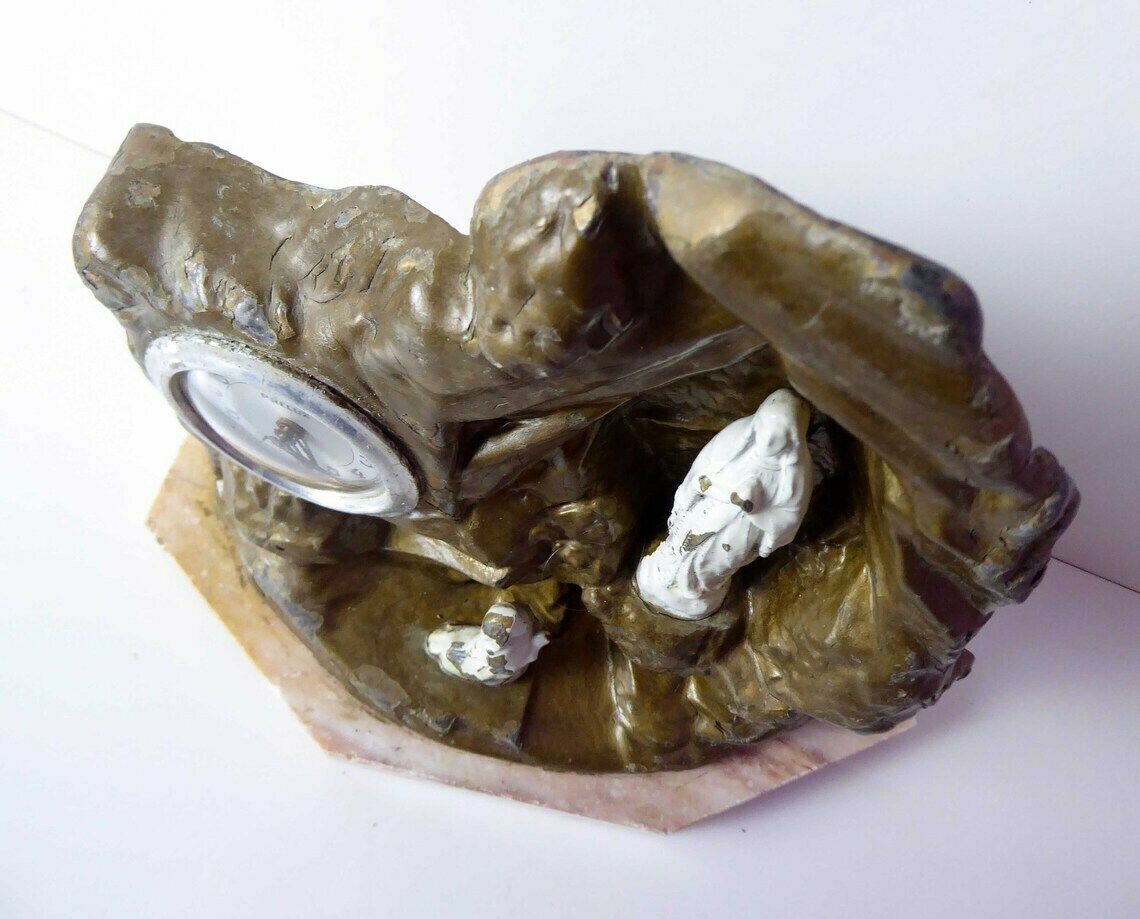 photo for sale The Miracle Of Lourdes | Antique Pewter Religious Sculpture With Clock | Souvenir Of Lourdes