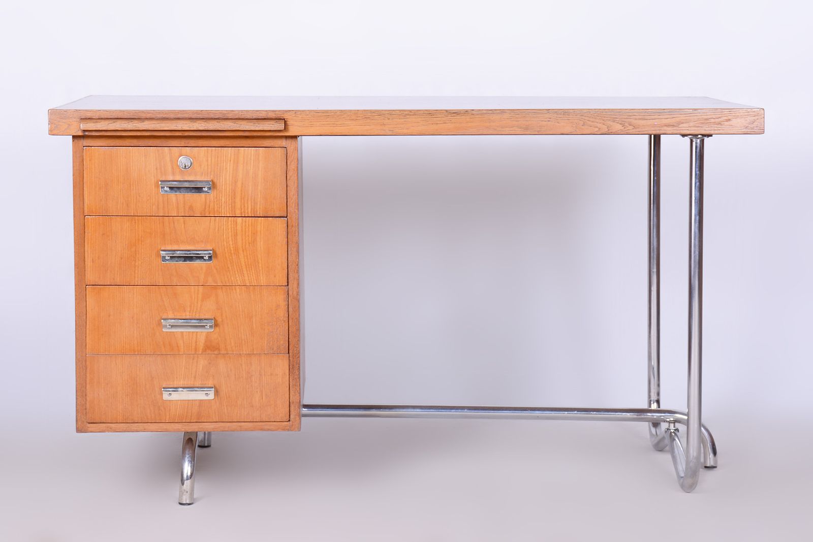 photo furniture Restored Pair Of Oak Writing Desks, Hynek Gottwald, Chrome, Czechia, 1930s