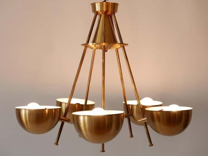 Exceptional Mid Century Five Flamed Chandelier Or Pendant Lamp Sweden 1950s photo Lighting