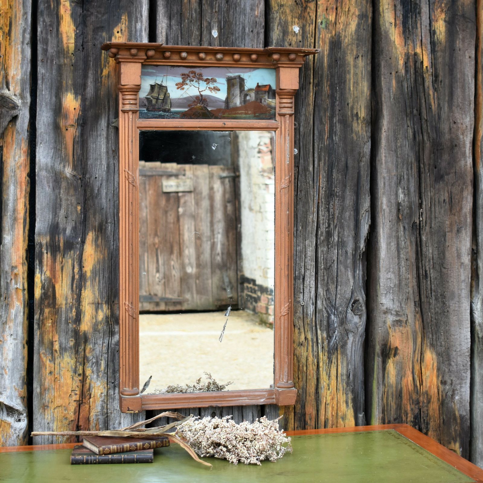 Antique 19th Century Gilt Verre Eglomise Painted Panel Pier Mantle Mirror photo vinterior