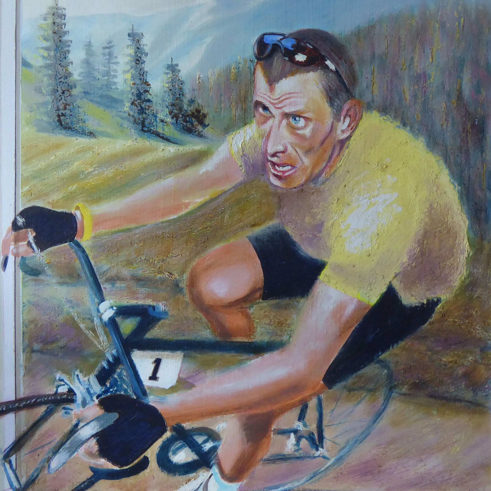 Tour De France Yellow Jersey | Original Oil Painting By French Artist | Tour De France Pyrenees Climb photo for sale