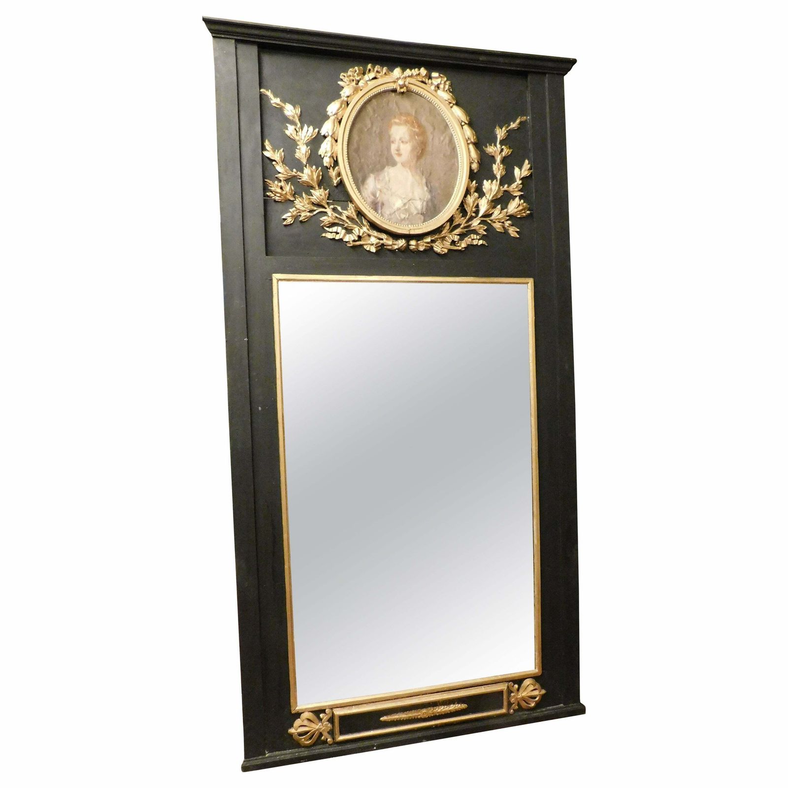 Big Mirror Black Lacquered Wood, Gilded Carvings And Painting Dame, Italy
