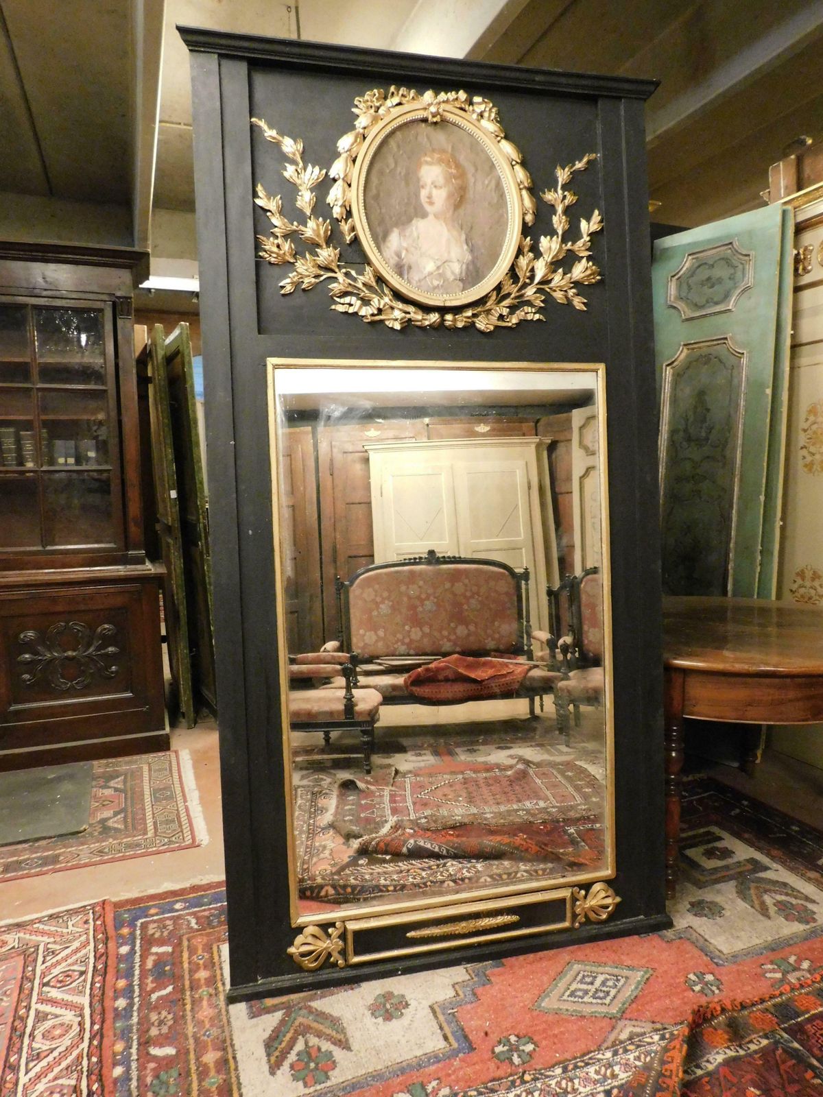 Big Mirror Black Lacquered Wood, Gilded Carvings And Painting Dame, Italy photo furniture