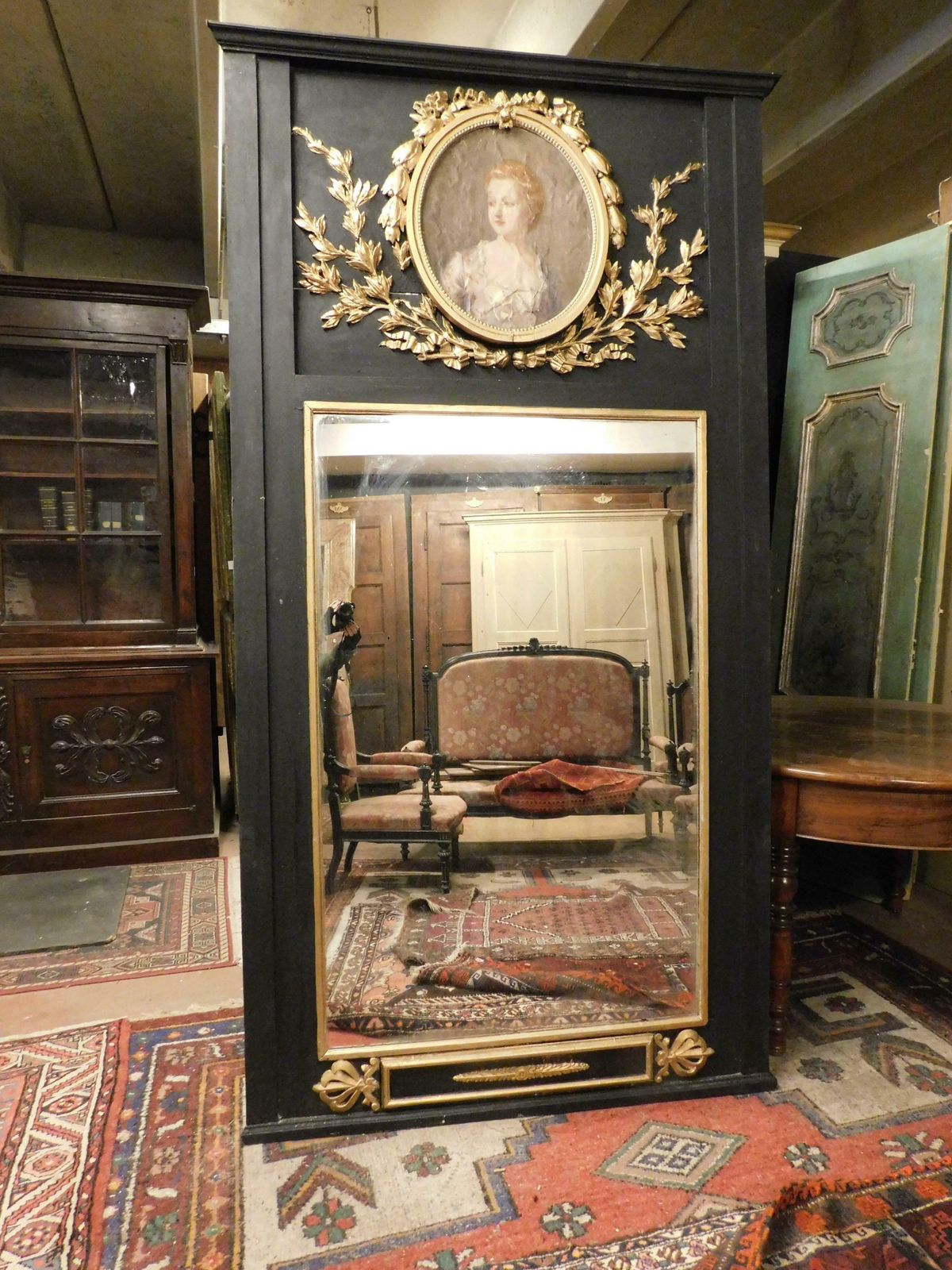 Big Mirror Black Lacquered Wood, Gilded Carvings And Painting Dame, Italy photo for sale