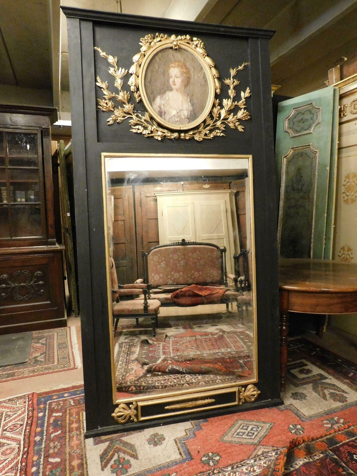 Big Mirror Black Lacquered Wood, Gilded Carvings And Painting Dame, Italy photo Home Decor
