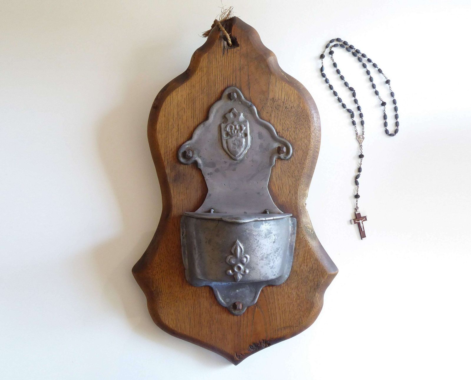 Large Antique Pewter Holy Water Font On Oak Plaque | Vintage French Pewter Benitier | Large Catholic Stoup