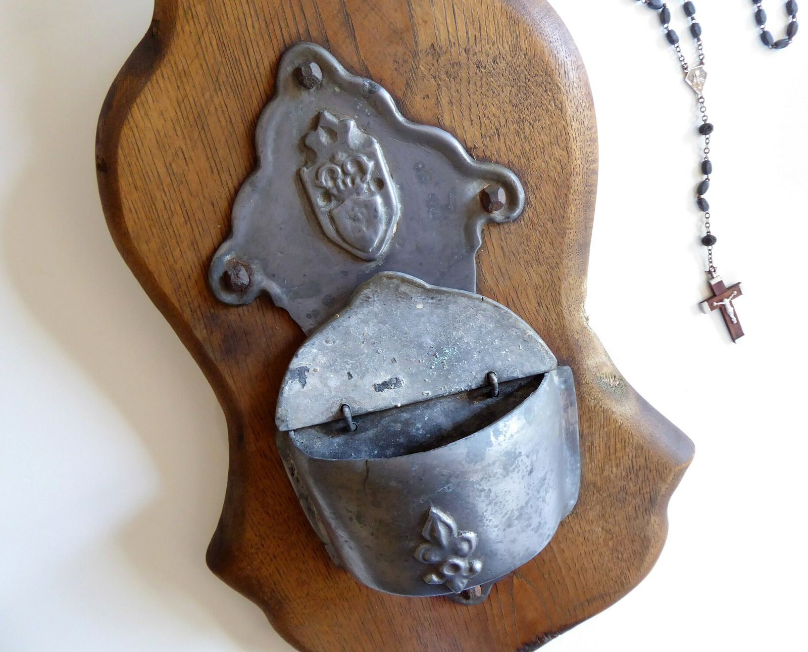 Large Antique Pewter Holy Water Font On Oak Plaque | Vintage French Pewter Benitier | Large Catholic Stoup photo for sale