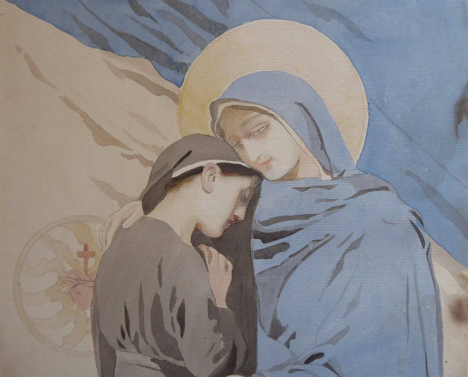 1918 Original French Watercolour | Religious Art | Catholic Sacred Heart | World War One | Ww1 Religious Art