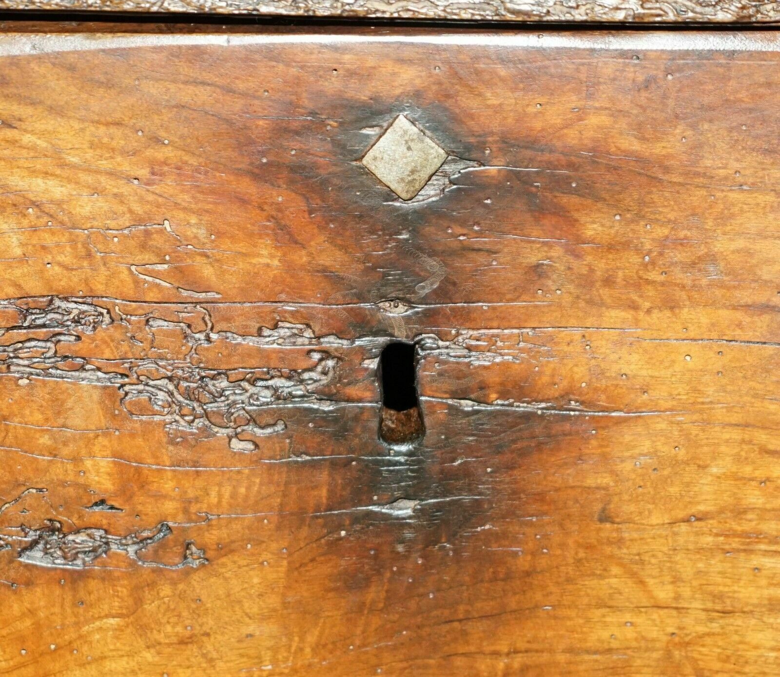 photo for sale Antique 18th Century Six Plank Heavily Burred Chestnut Wood Trunk Chest
