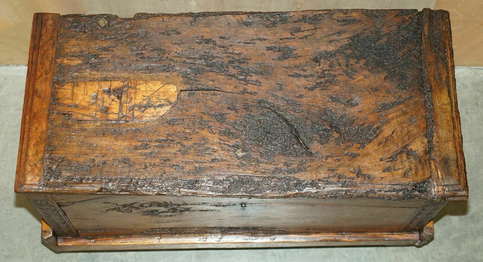 photo buy Antique 18th Century Six Plank Heavily Burred Chestnut Wood Trunk Chest