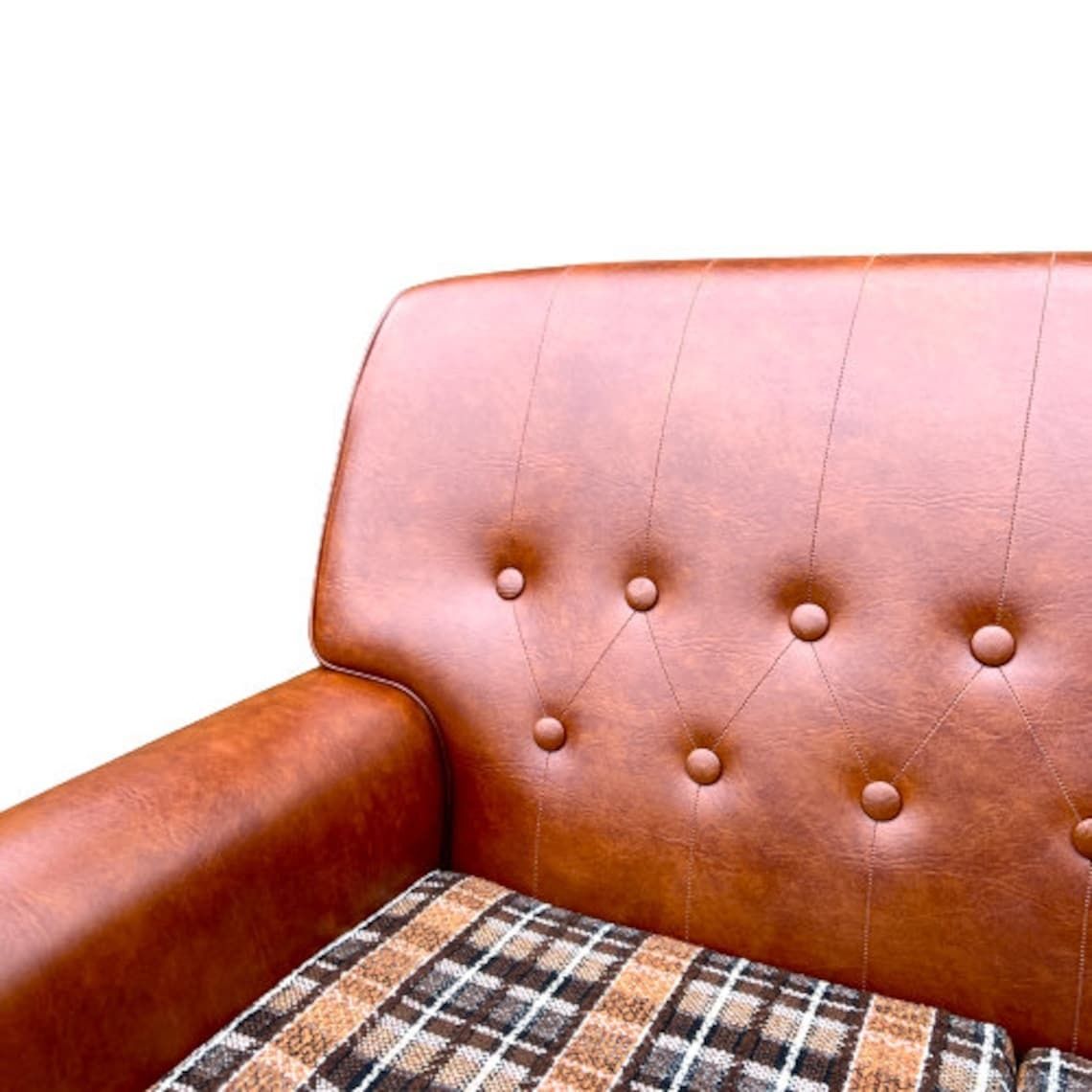 Mid Century Brown Faux Leather Armchair photo vinterior