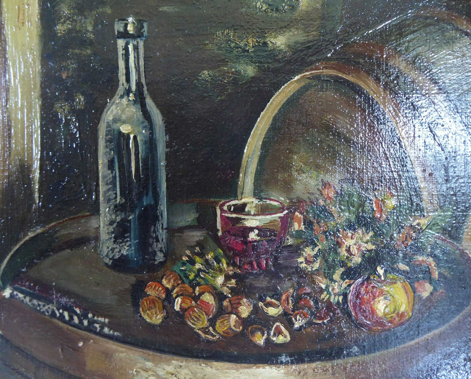 Original French Oil Painting | 1958 Art | Wine Barrels And Fruit Still Life | Signed Original Unframed Oil Painting | 1950s French Décor photo for sale