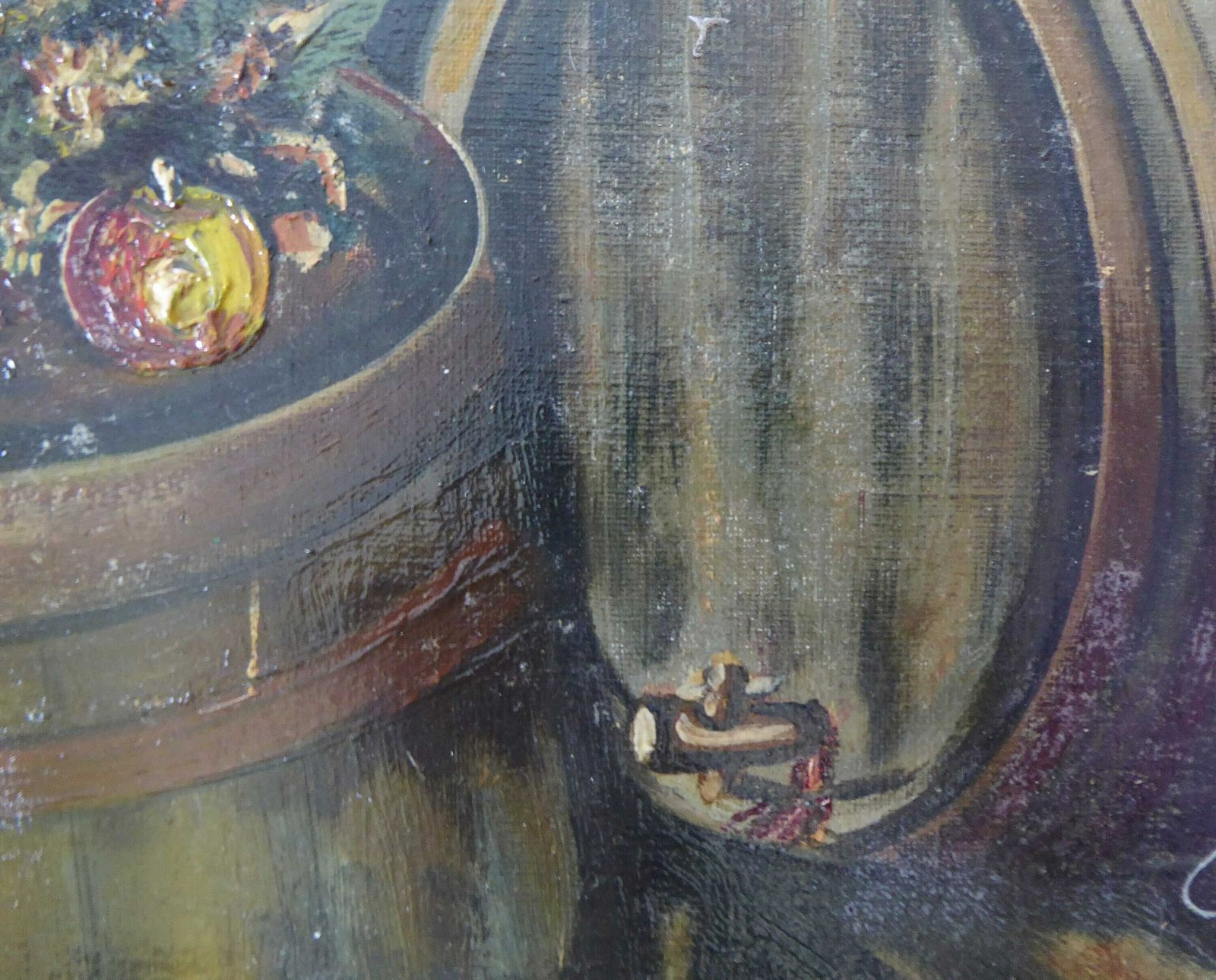 Original French Oil Painting | 1958 Art | Wine Barrels And Fruit Still Life | Signed Original Unframed Oil Painting | 1950s French Décor photo vintage