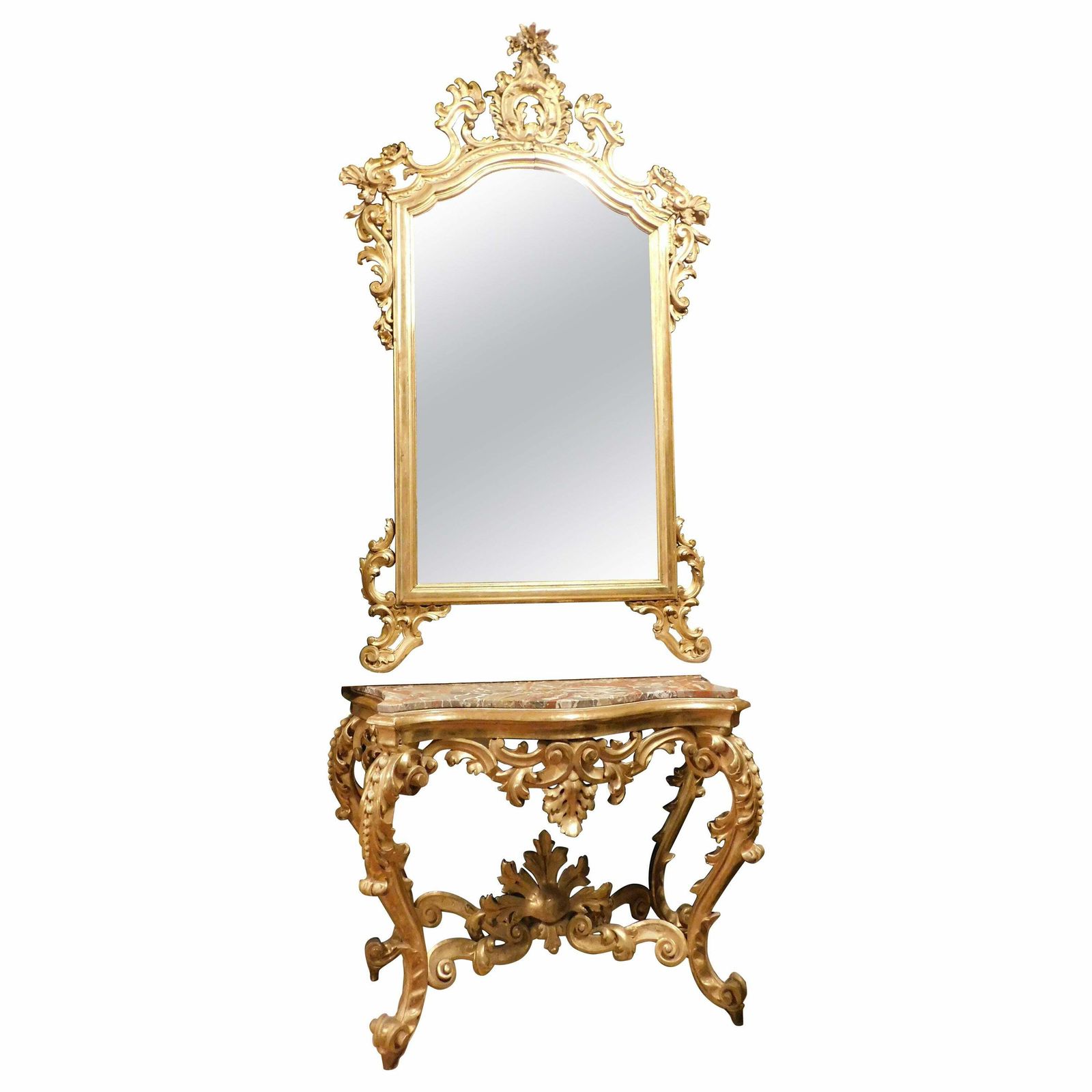 Console Mirror In Gilded Wood Carved Floral Decorations, Red Marble Top, Naples