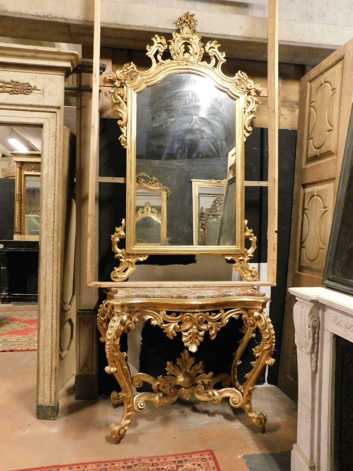 Console Mirror In Gilded Wood Carved Floral Decorations, Red Marble Top, Naples photo for sale