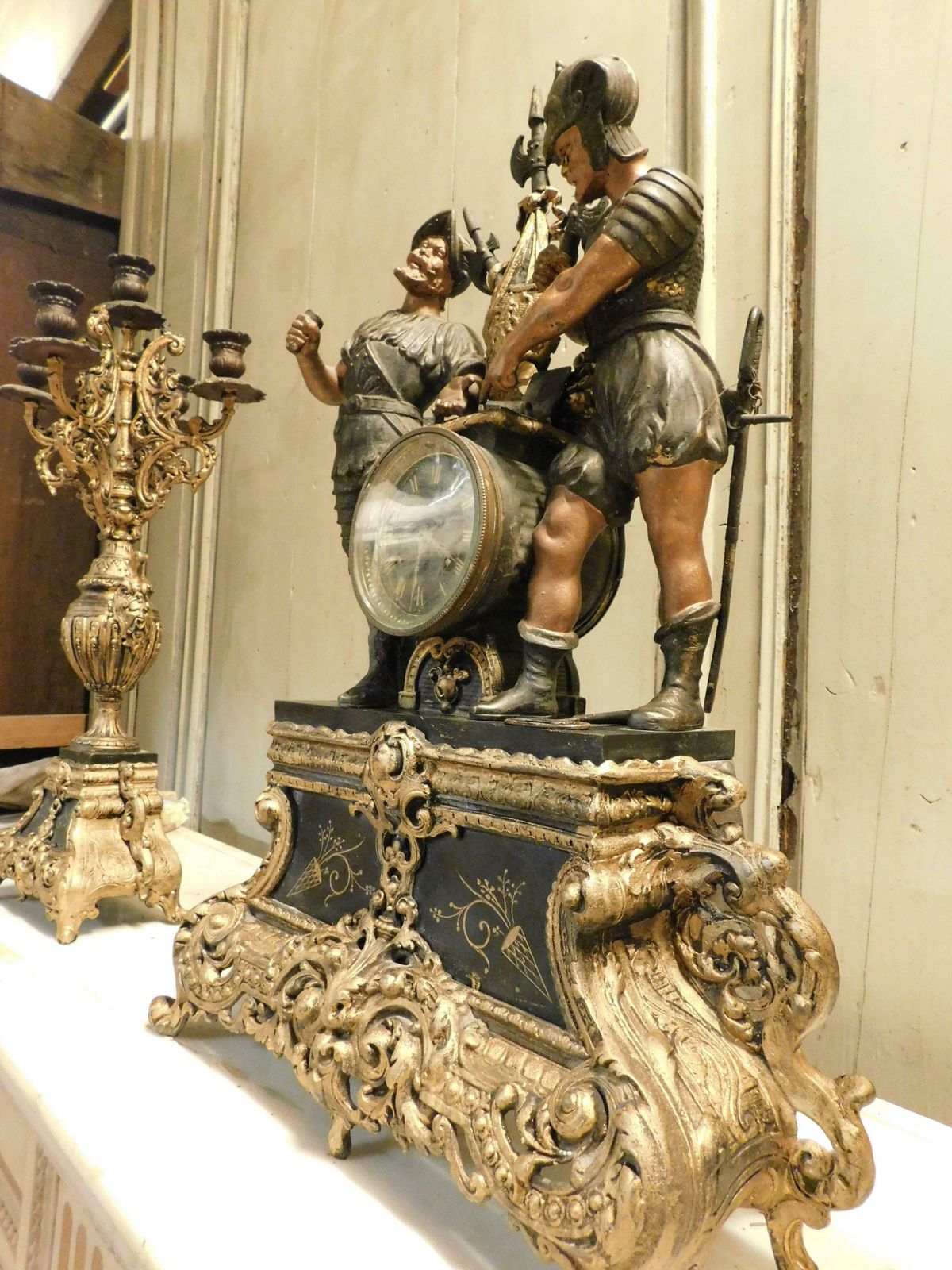 photo for sale Fireplace Triptych In Bronze Formed By Clock And 2 Candlesticks, Italy