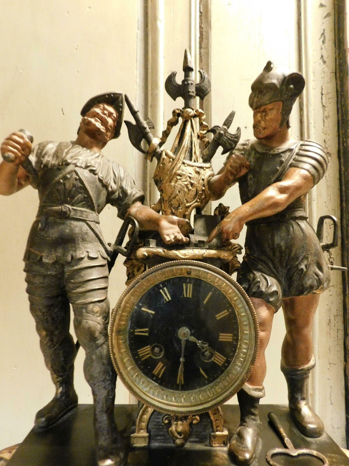 Home Fixtures Fireplace Triptych In Bronze Formed By Clock And 2 Candlesticks, Italy photo