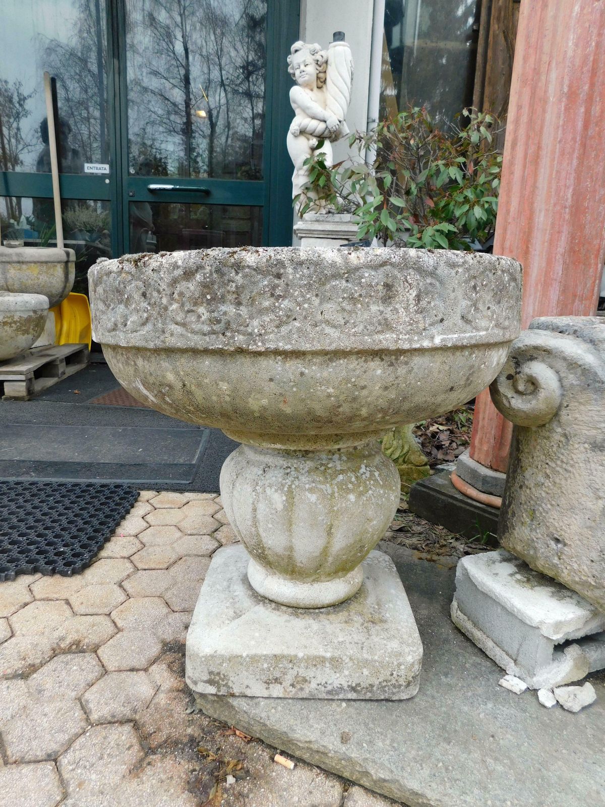 Old Vintage Garden Vases In Cement With Sculpted Flowers photo for sale