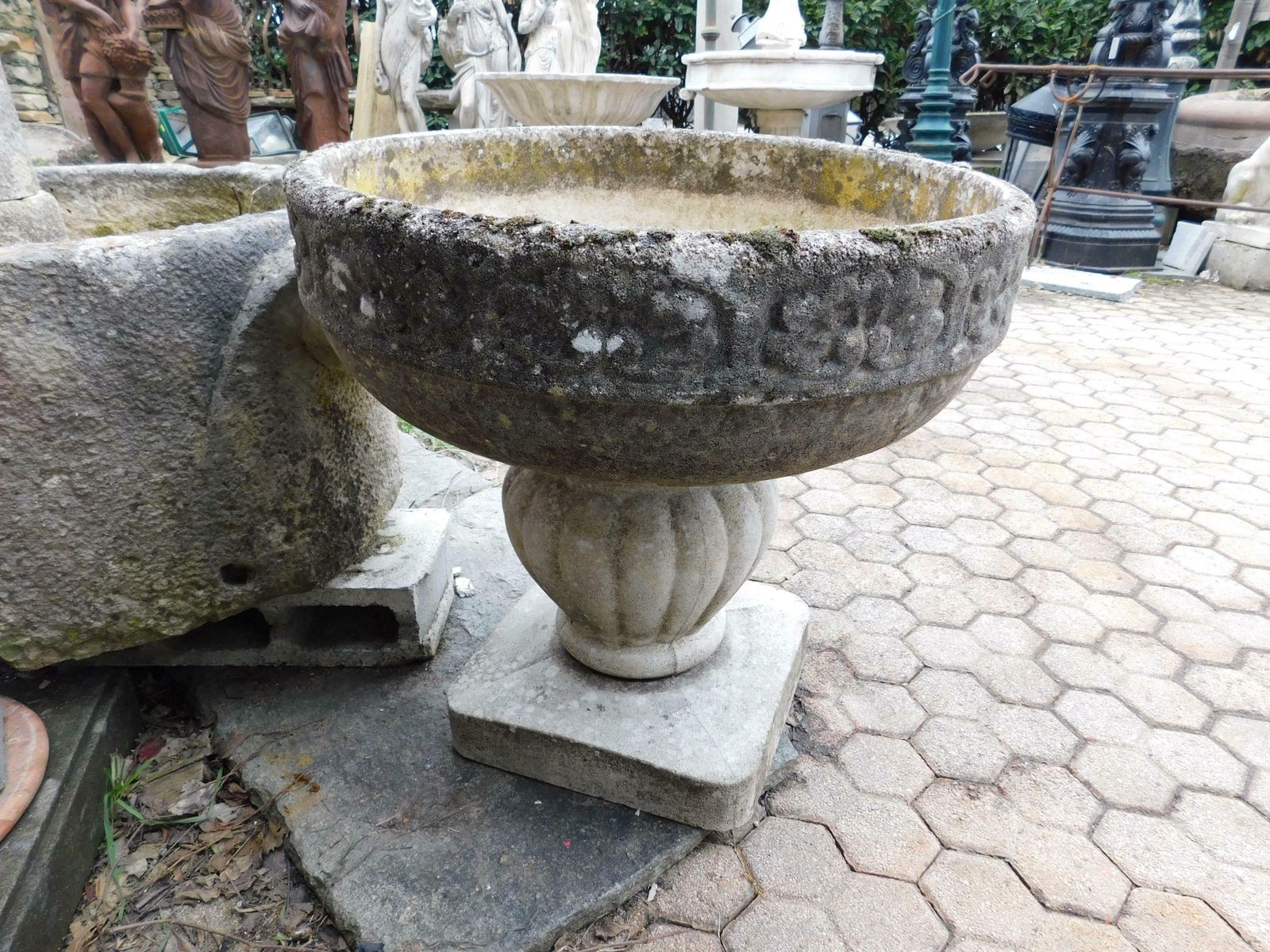 Old Vintage Garden Vases In Cement With Sculpted Flowers photo buy