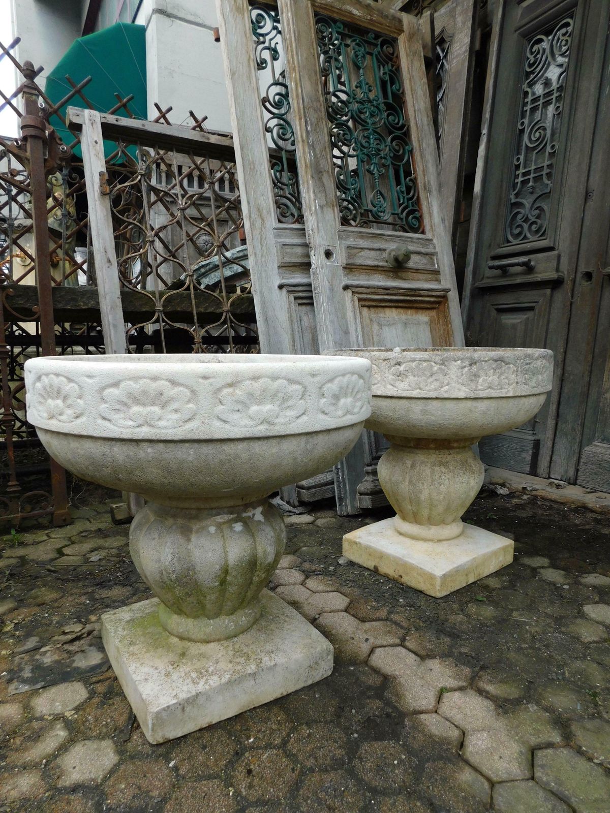 Old Vintage Garden Vases In Cement With Sculpted Flowers photo vintage