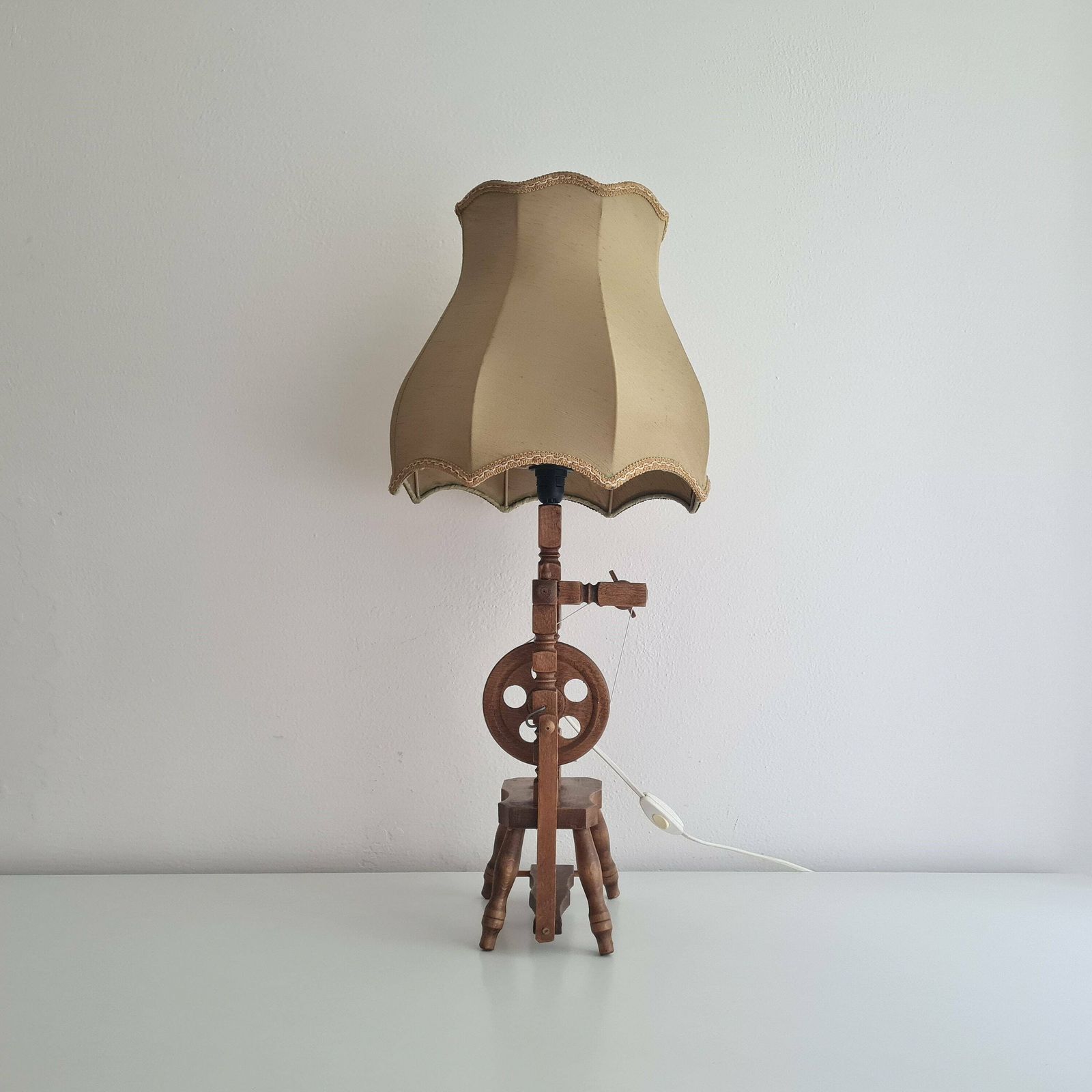 Vintage Big Wooden Spinning Wheel Desk Lamp 70s