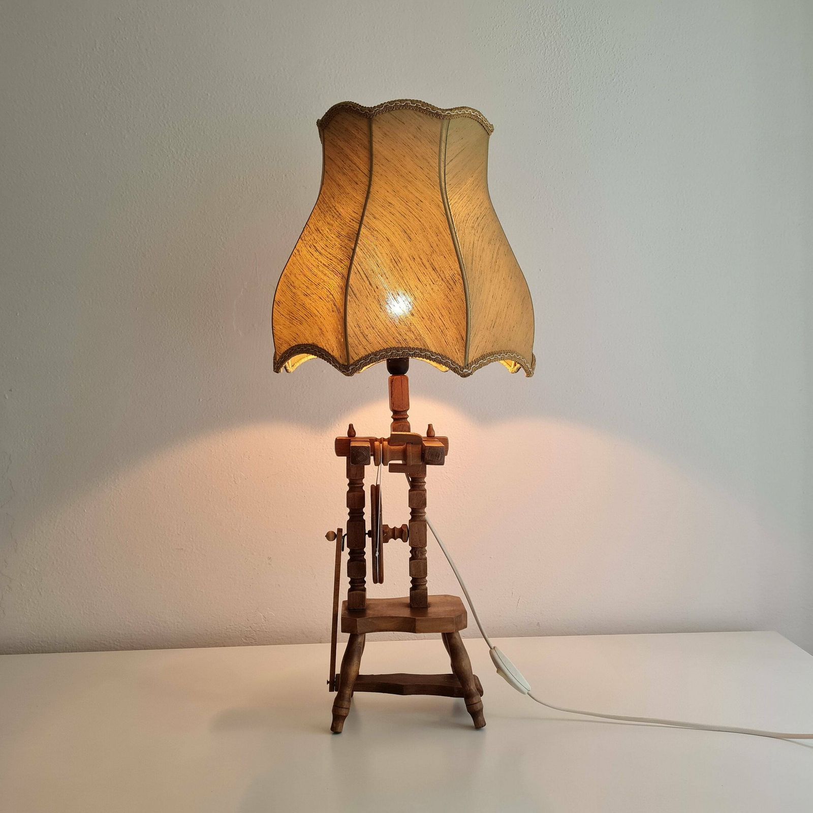 Vintage Big Wooden Spinning Wheel Desk Lamp 70s photo furniture
