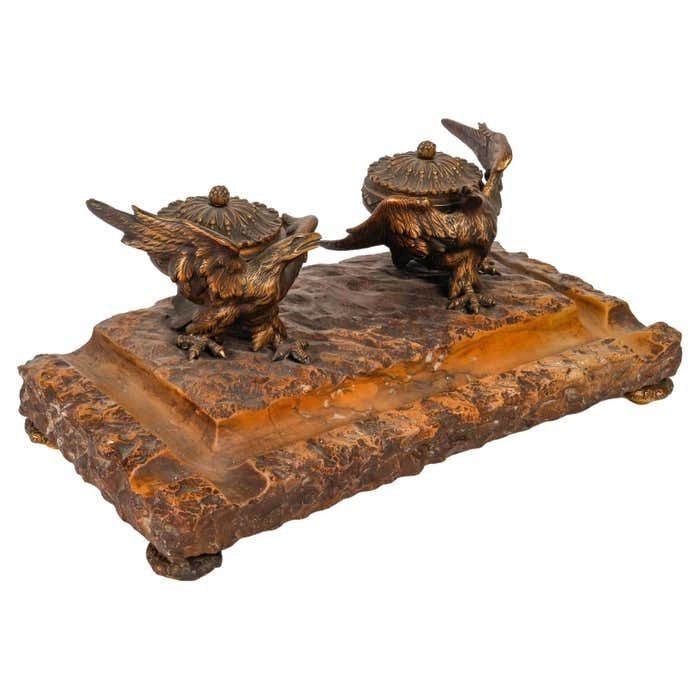 Marble And Gilt Bronze Inkwell From The 19th Century, Napoleon III Period
