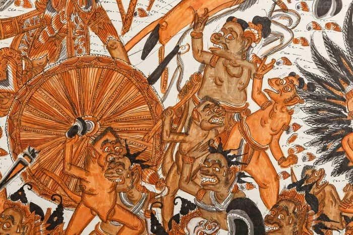 Thai Painting Depicting The War Between Heaven And Hell, Circa 1960 photo for sale