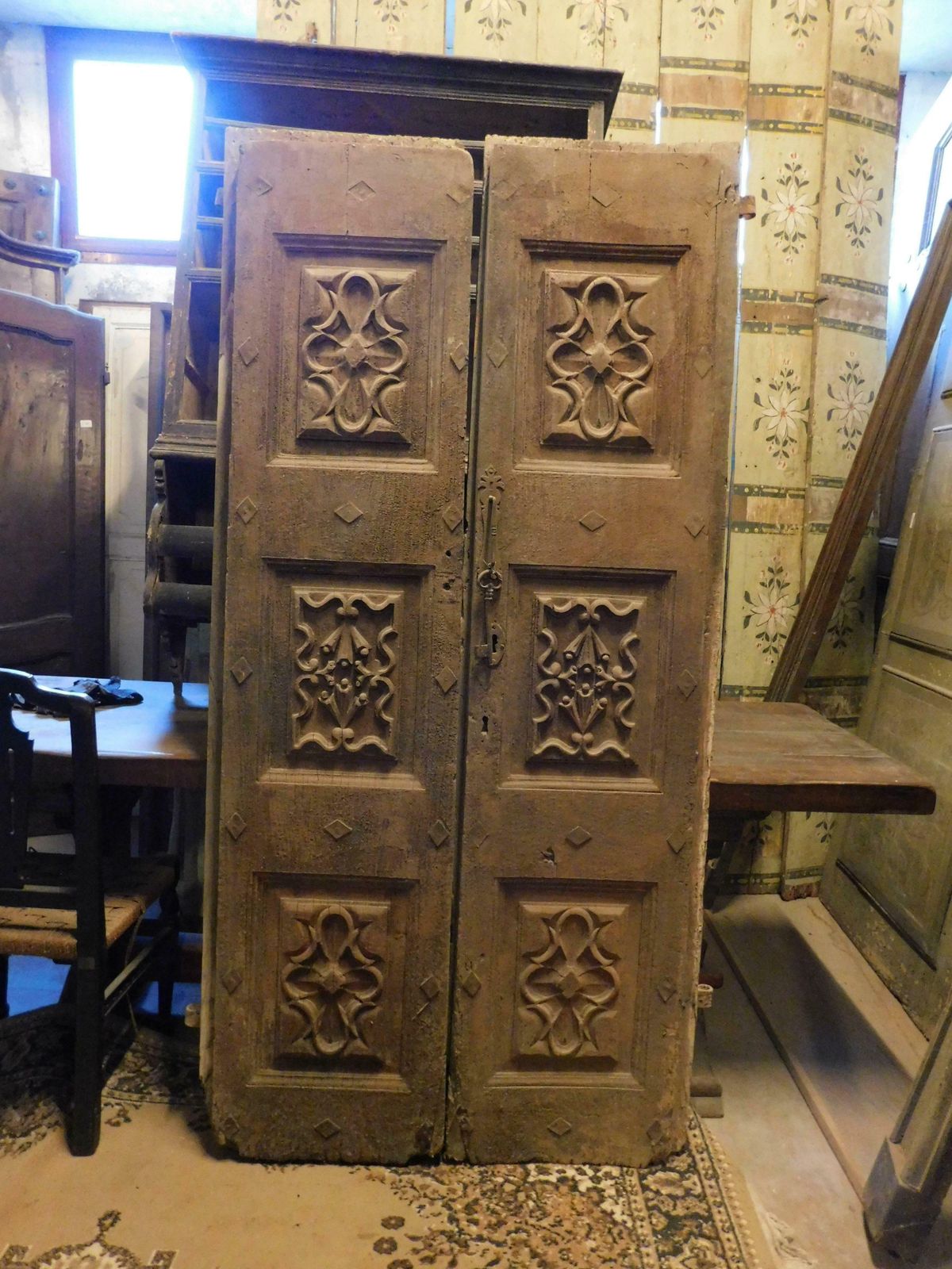 Richly Carved Solid Walnut Entrance Double Door, Italy photo vintage