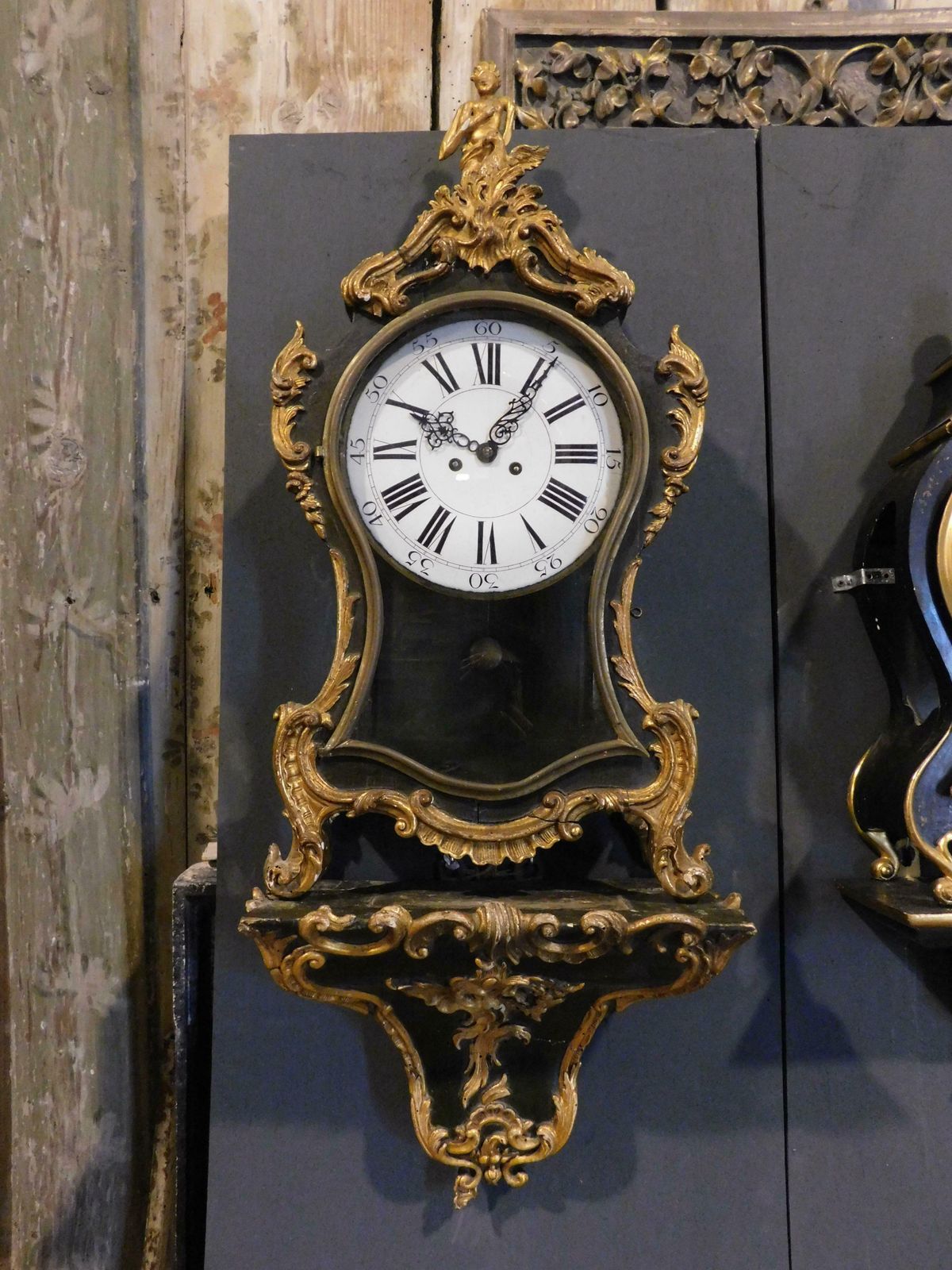 Set N.3 Clocks Ebonised Wood, Profiles And Feet Decorated Gilded Plant Motifs photo furniture