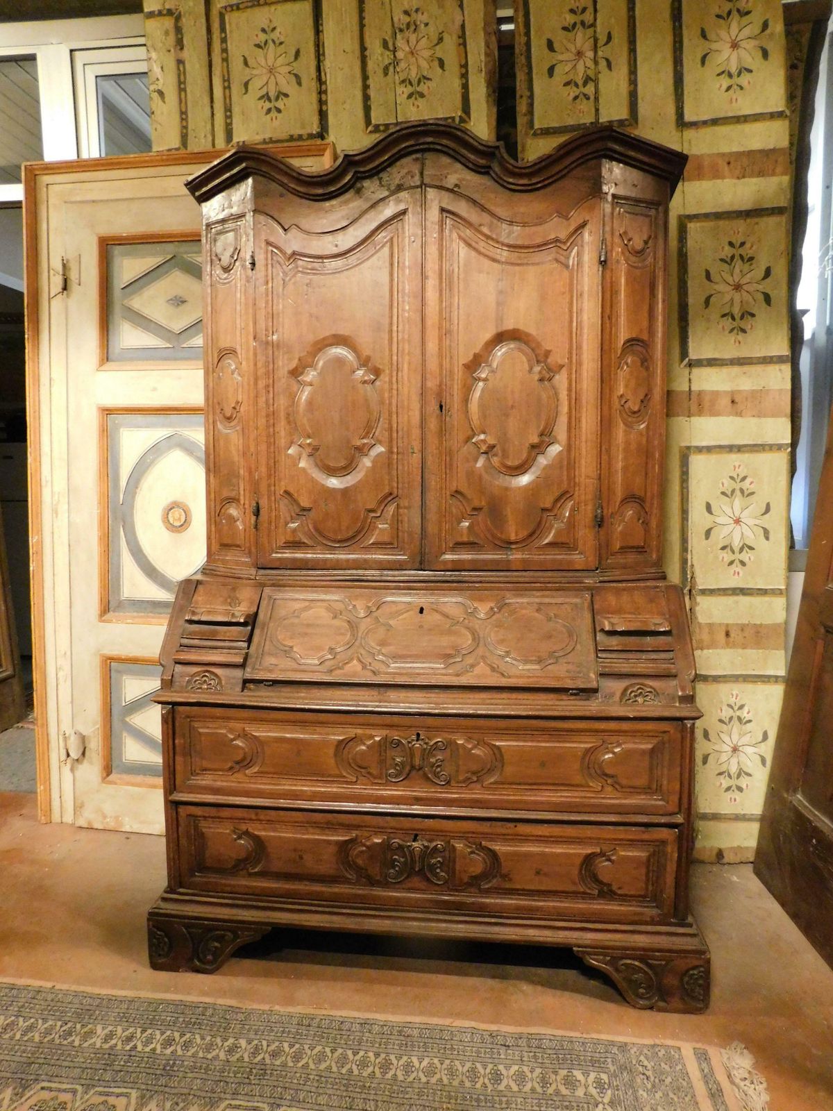 Trumeau, Double Body In Carved Walnut With Doors, Flap And Drawers, Italy photo furniture