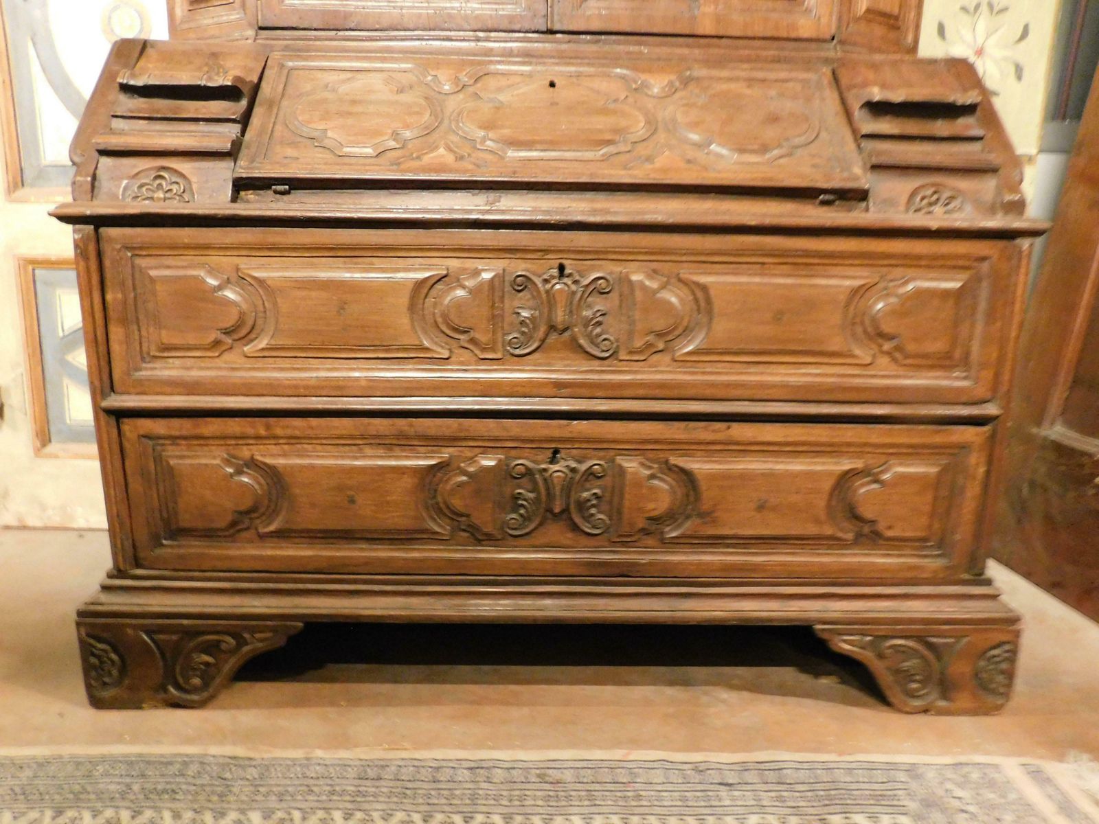 Trumeau, Double Body In Carved Walnut With Doors, Flap And Drawers, Italy photo Furniture