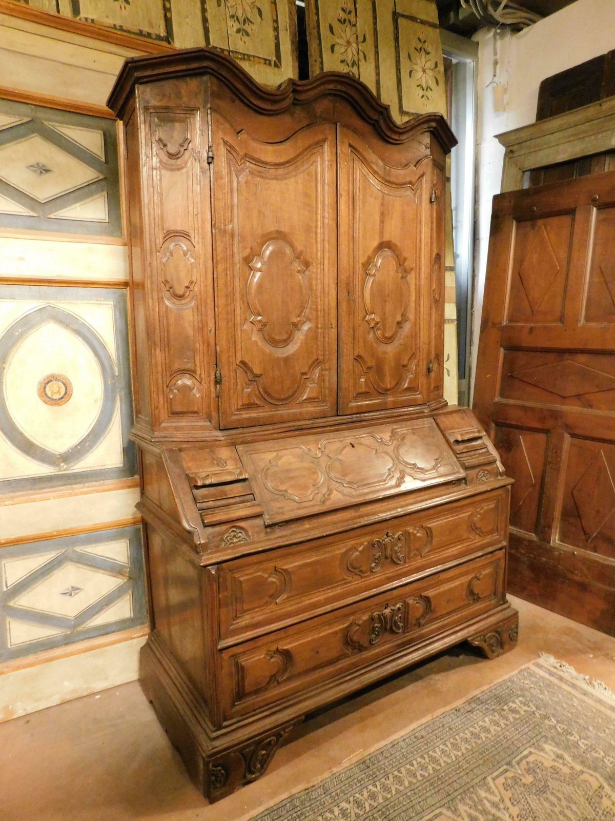 Trumeau, Double Body In Carved Walnut With Doors, Flap And Drawers, Italy photo 5997.0
