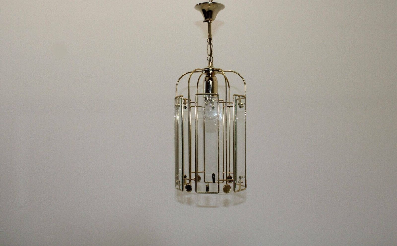 1 Of 2 Vintage Pendant Lamp/Glass Paneled/Hanging Lamp/Ceiling Light/Vintage Lights/Retro Lamp/Brass Lamp/Pendant Lamp photo for sale
