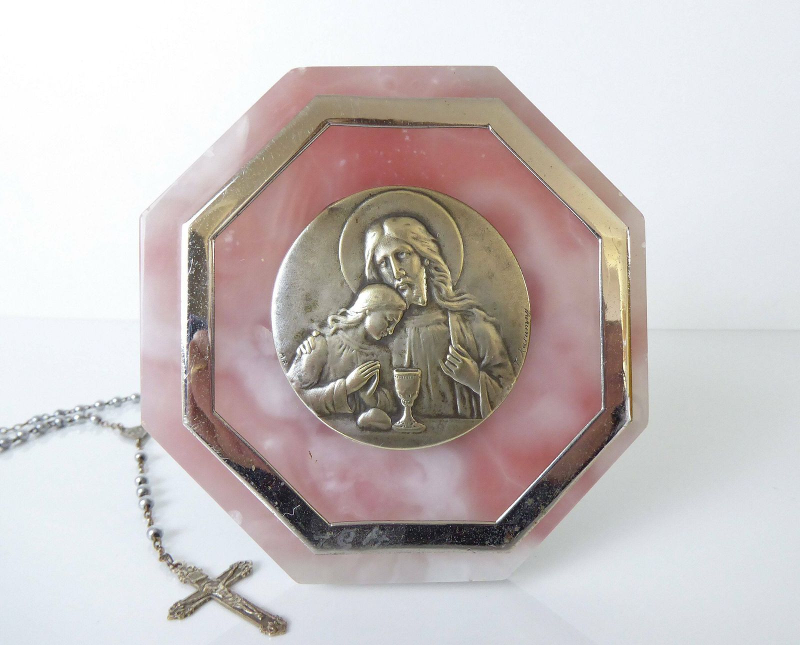 Rose Pink Quartz Religious Plaque By Félix Rasumny   French Vintage Religious Decor