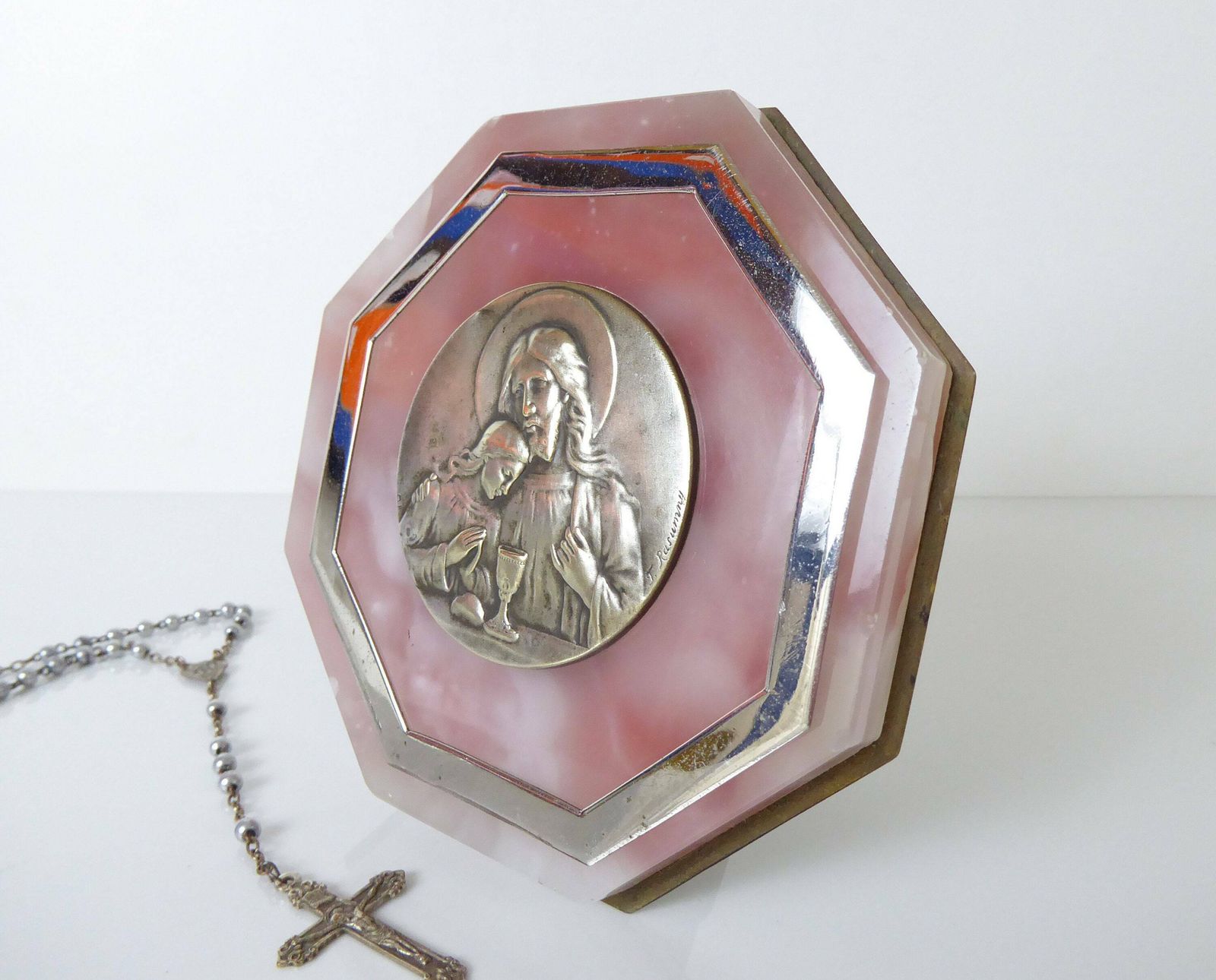 Rose Pink Quartz Religious Plaque By Félix Rasumny   French Vintage Religious Decor photo for sale
