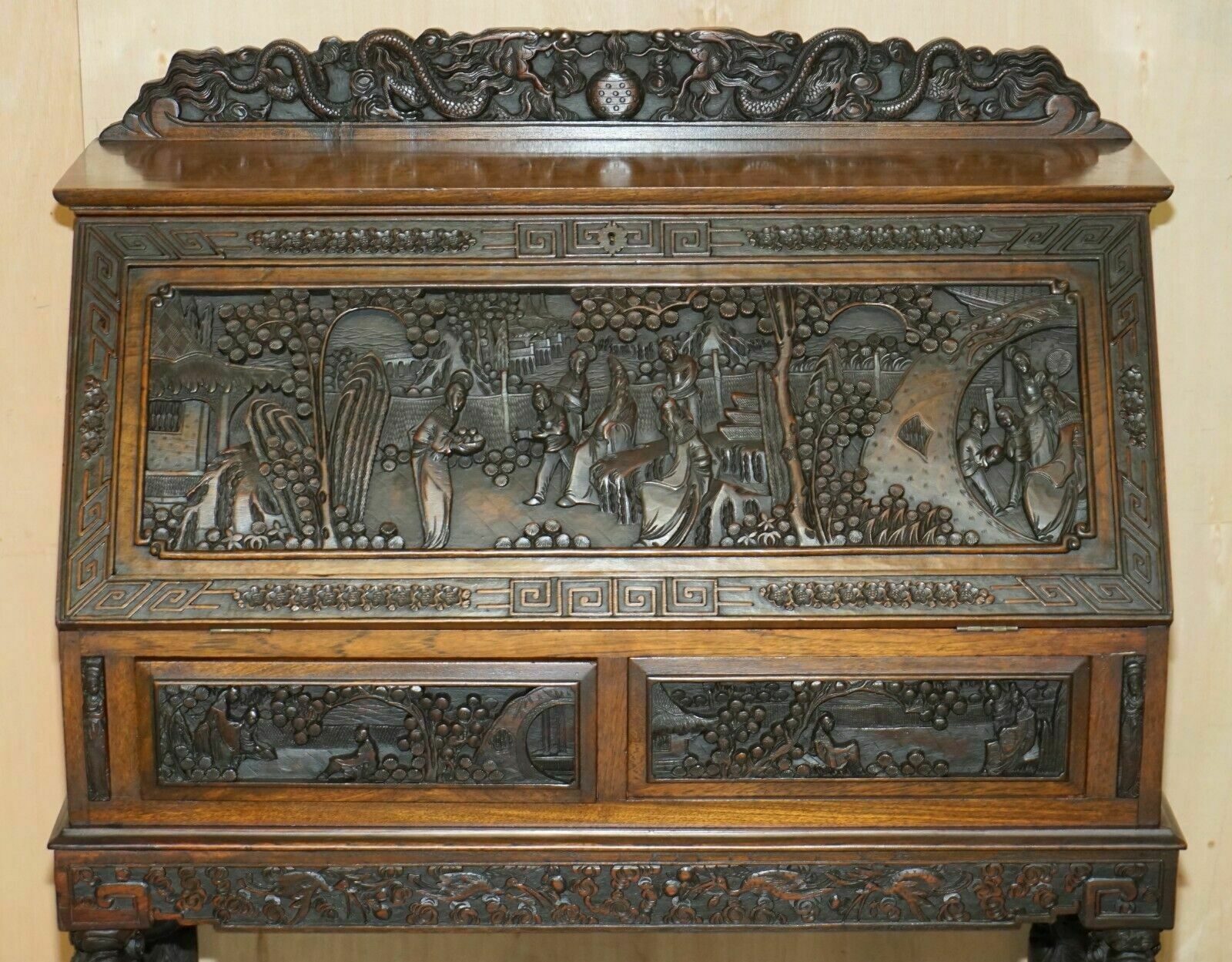 Antique Circa 1940's Hand Carved Chinese Bureau Writing Desk And Matching Armchair photo Furniture