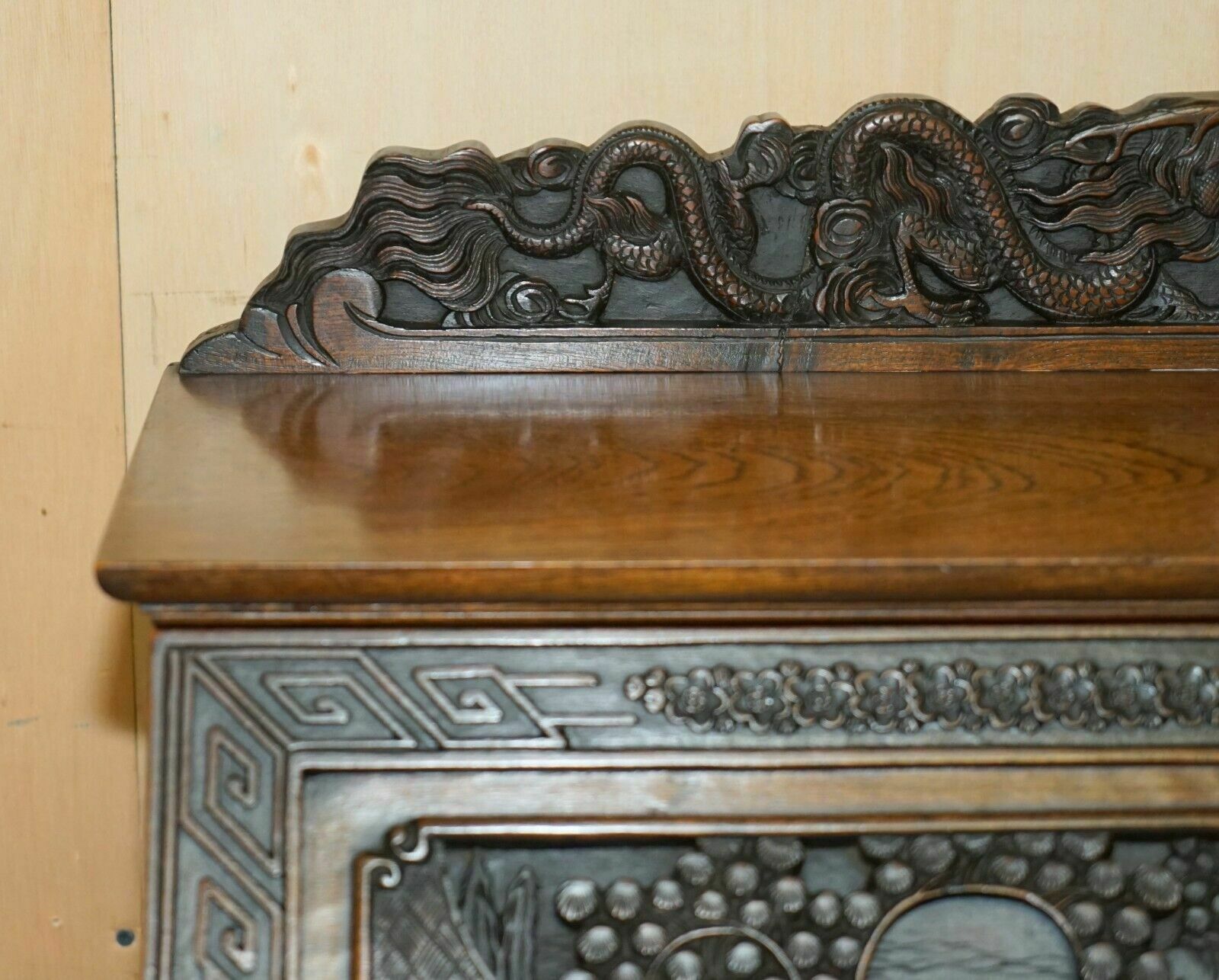 Antique Circa 1940's Hand Carved Chinese Bureau Writing Desk And Matching Armchair photo 3950.0