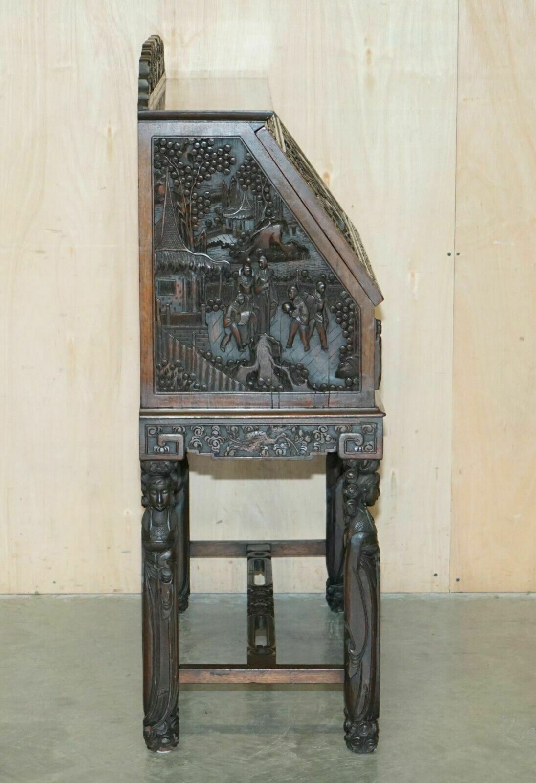 photo vintage Antique Circa 1940's Hand Carved Chinese Bureau Writing Desk And Matching Armchair