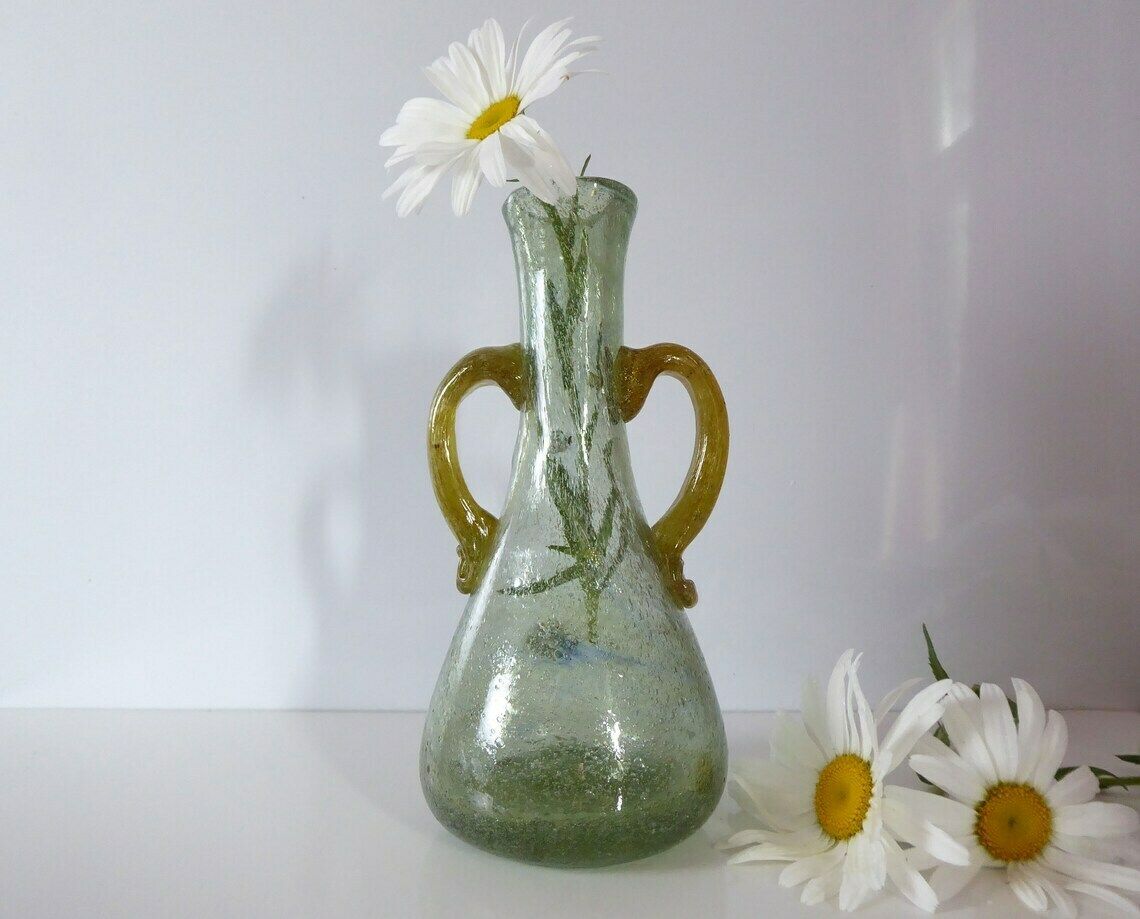 Bubble Glass Vase | Antique French Glass Vase | Green Glass Amphora Vase | Water Carafe