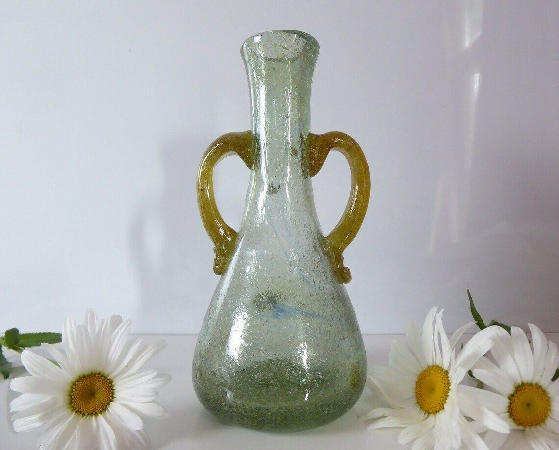 Bubble Glass Vase | Antique French Glass Vase | Green Glass Amphora Vase | Water Carafe photo for sale